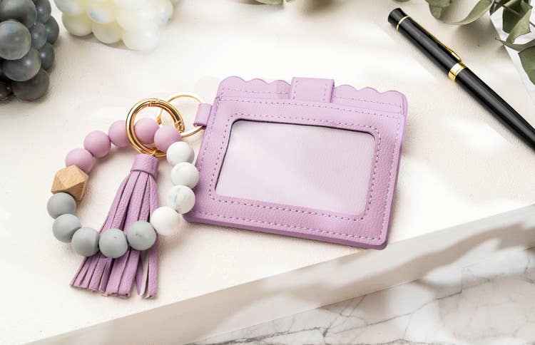 Leather Keychain Wallet With Wristlet Bangle Bracelet: Pink