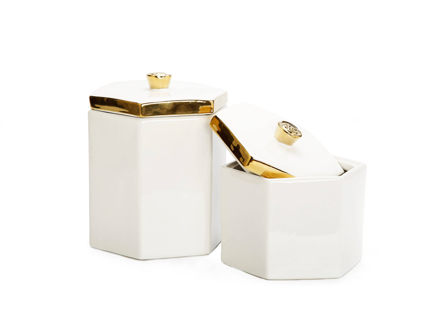 White Hexagon Shaped Box with Gold Flower Knob on Cover: Tall