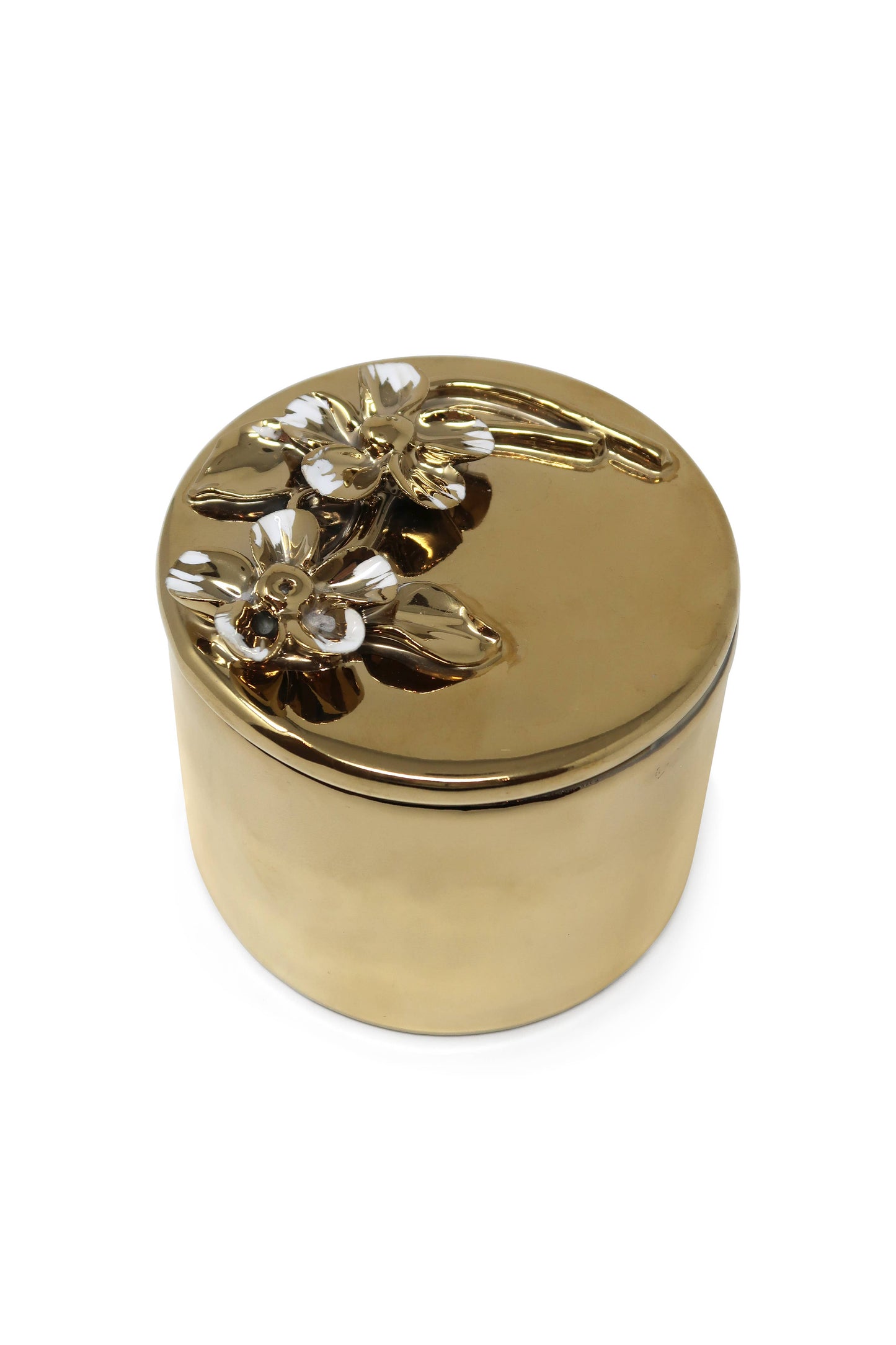 Round Gold Decorative Box With Flower Design Lid: Center Flower