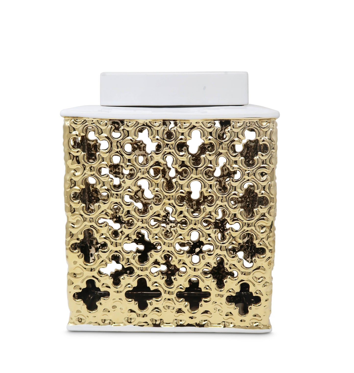 Gold Decorative Rectangle Jar with White Cover: Large