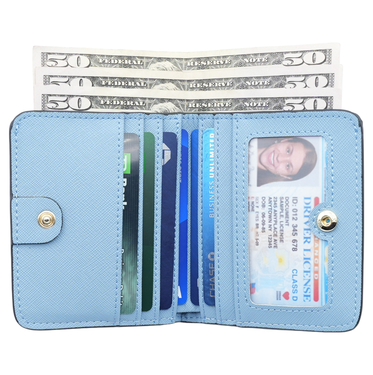 Women's Small Compact Bifold Luxury Wallet With Window ID: Silver