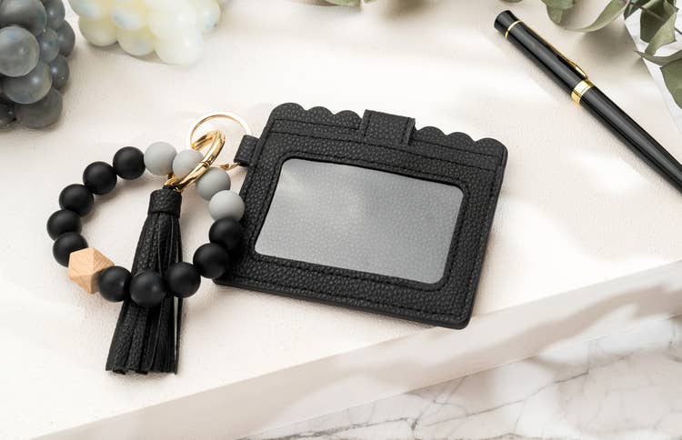 Leather Keychain Wallet With Wristlet Bangle Bracelet: Black