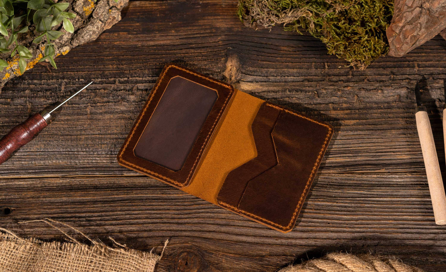 Genuine Leather Wallet, Handmade Wallet with ID Window: Brown