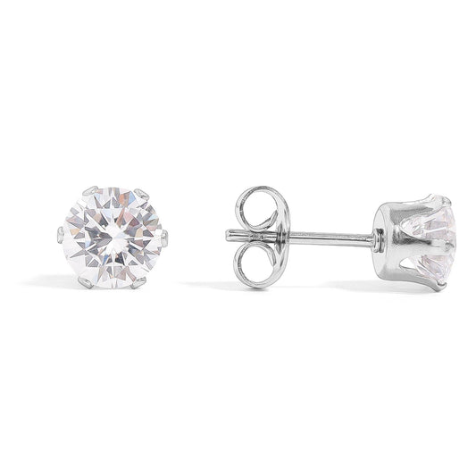 Stainless Steel Round CZ Stud Earrings: Clear/07mm