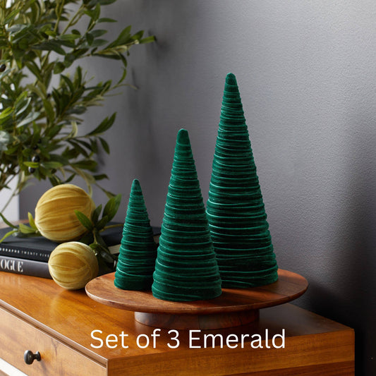 Cones Velvet Set of 3 Holiday Tabletop, Mantel Tree Decor: Emerald