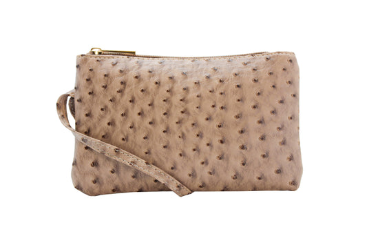 Vibrant Ostrich Wristlet: Taupe
