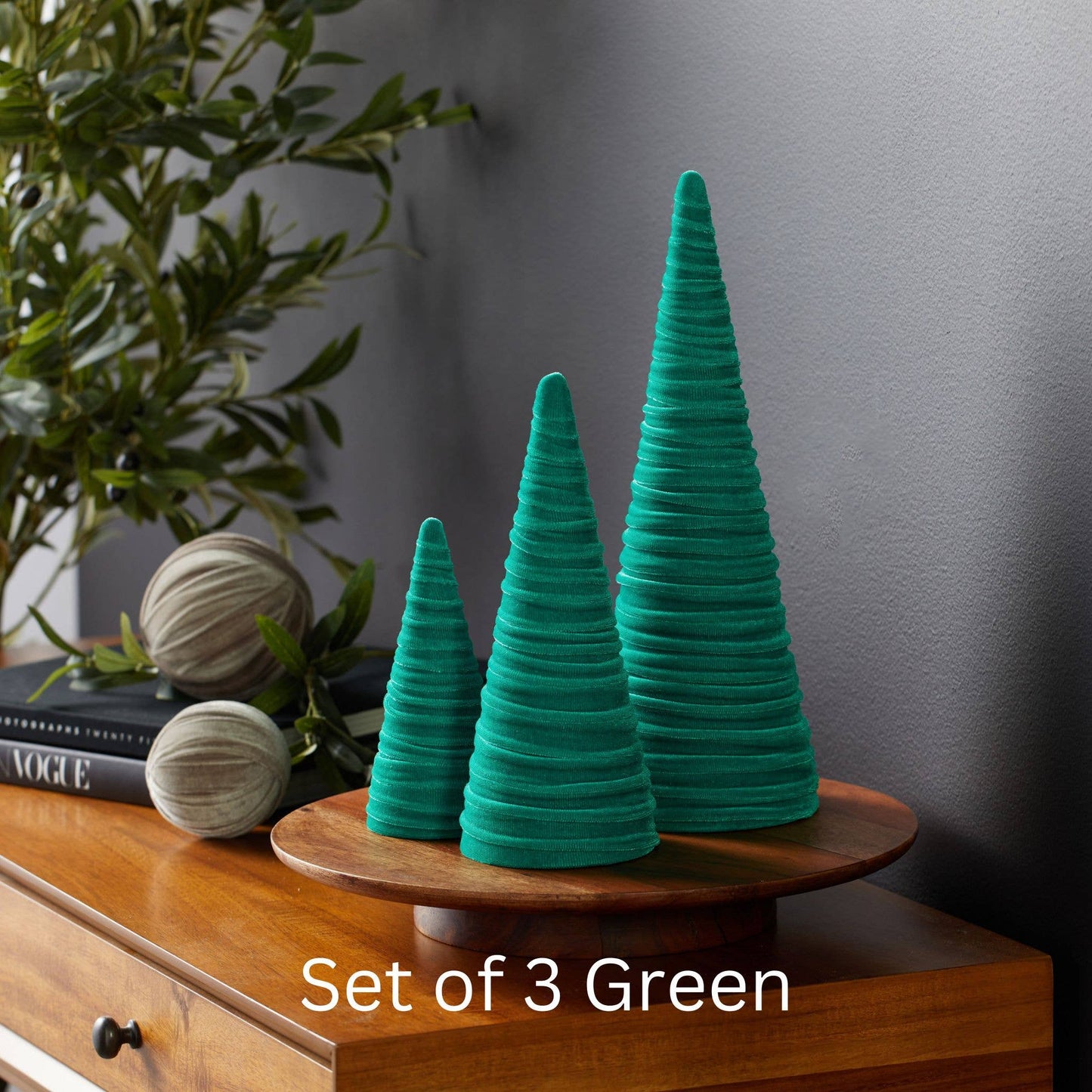 Cones Velvet Set of 3 Holiday Tabletop, Mantel Tree Decor: Light Ivory