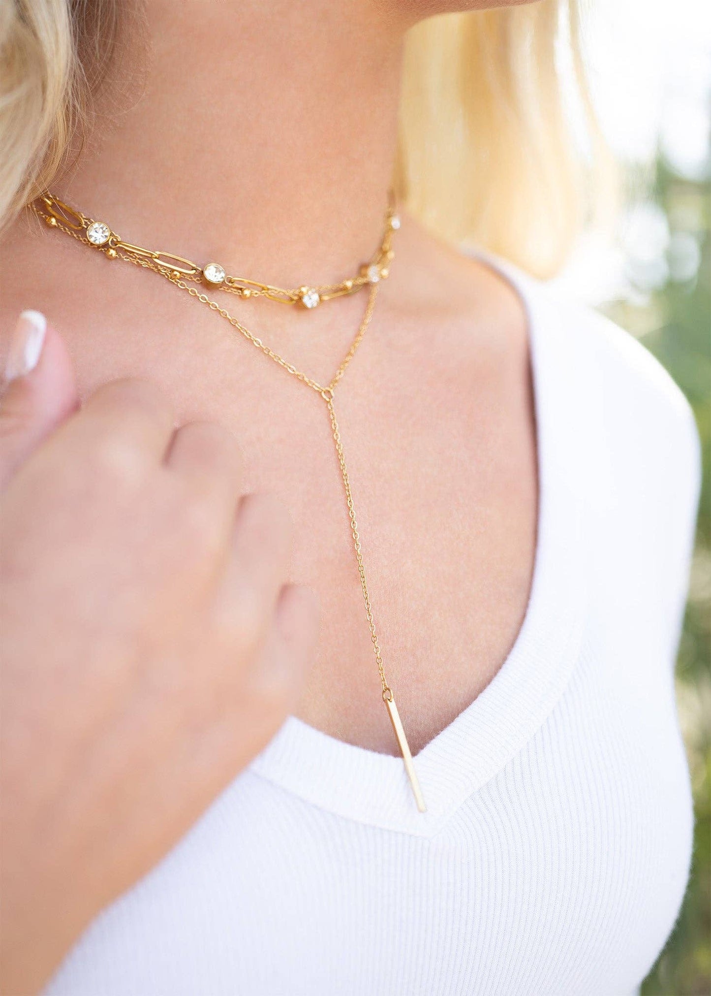 18K Gold PVD Steel Station Stone Paperclip Chain Necklace: Stainless / 14+02" / 4mm