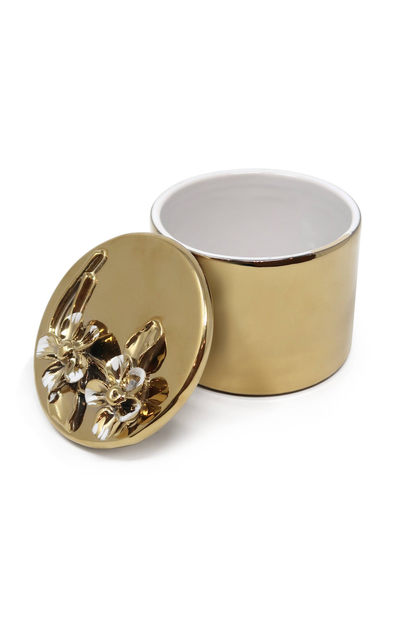 Round Gold Decorative Box With Flower Design Lid: Center Flower