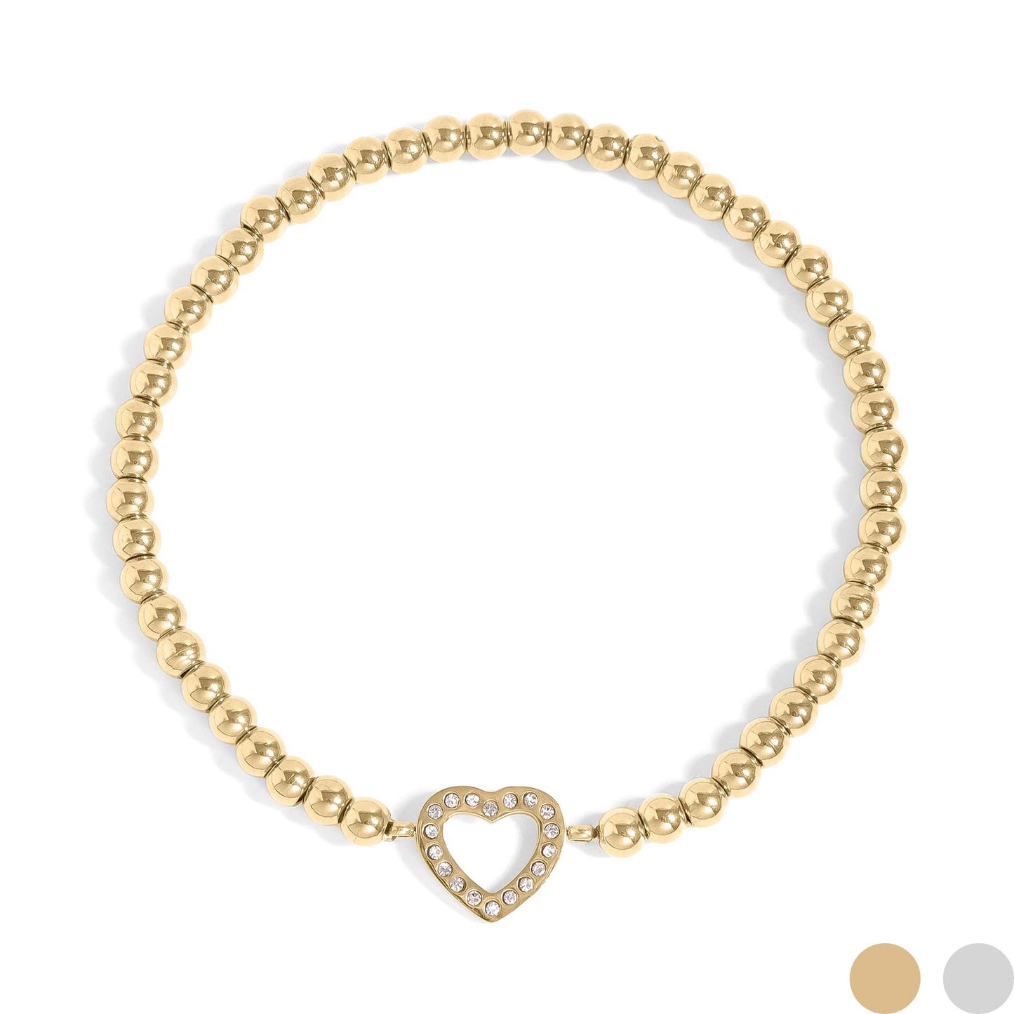 18K Gold PVD Stainless Steel Stone Heart Metal Beaded Stretch Bracelet: Stainless