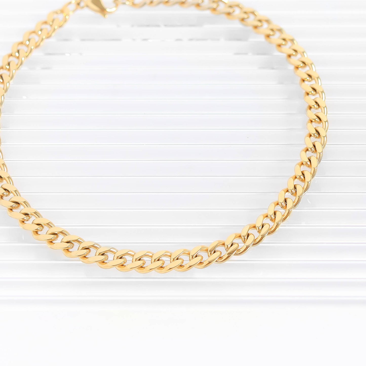 Stainless Steel 18K Gold PVD Coated Diamond Cut Curb Chain Bracelet: 5.5+02" / 3mm