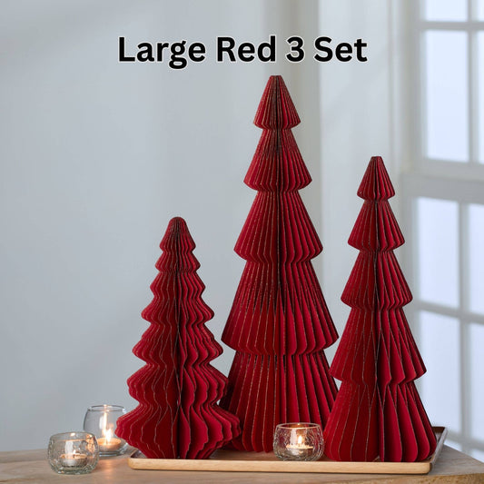 Honeycomb trees, vintage folding paper, Christmas, Winter: Lg Set 3 Red