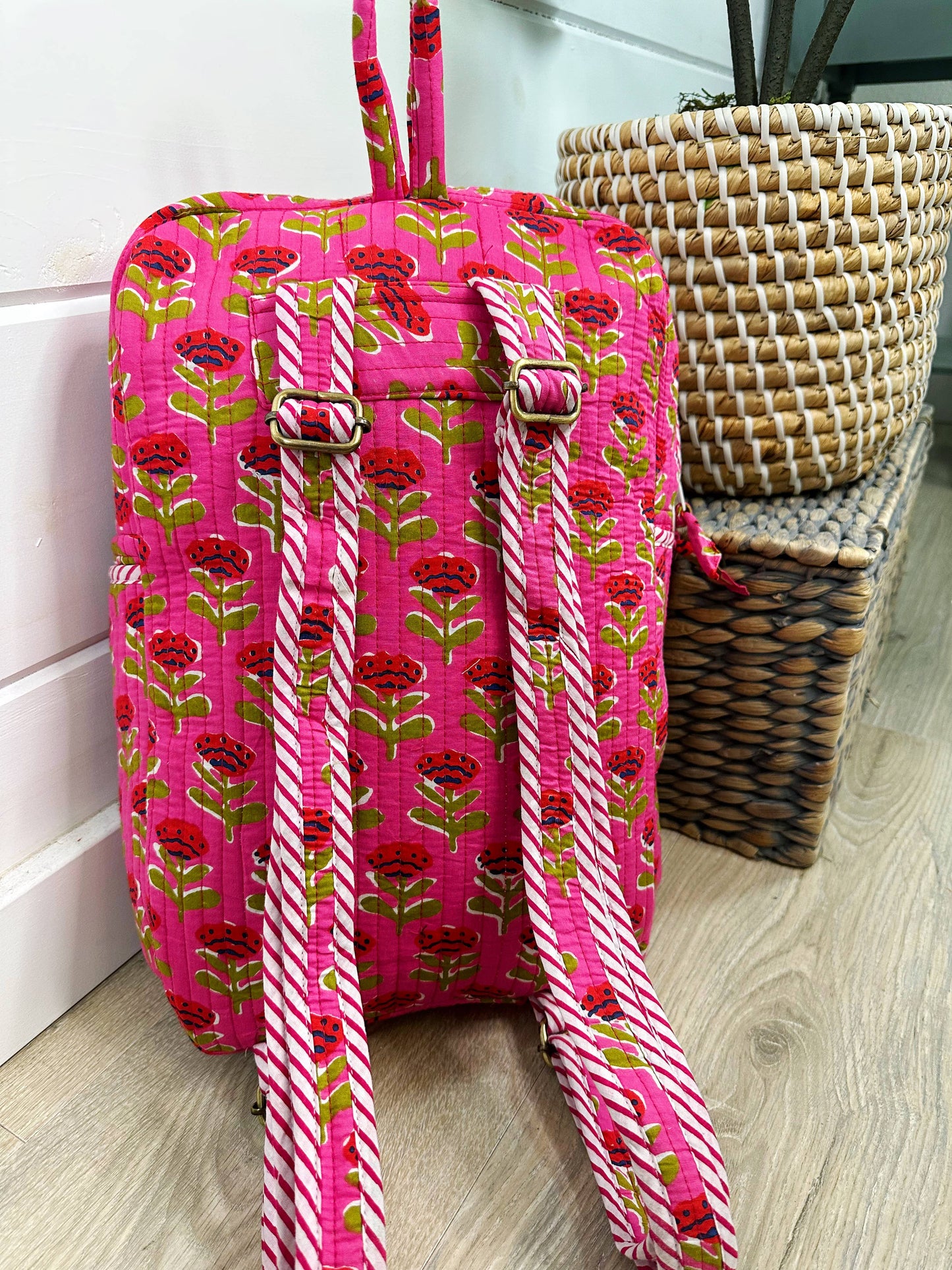 Handmade Quilted Backpack | Pink Floral Print Backpack Bag