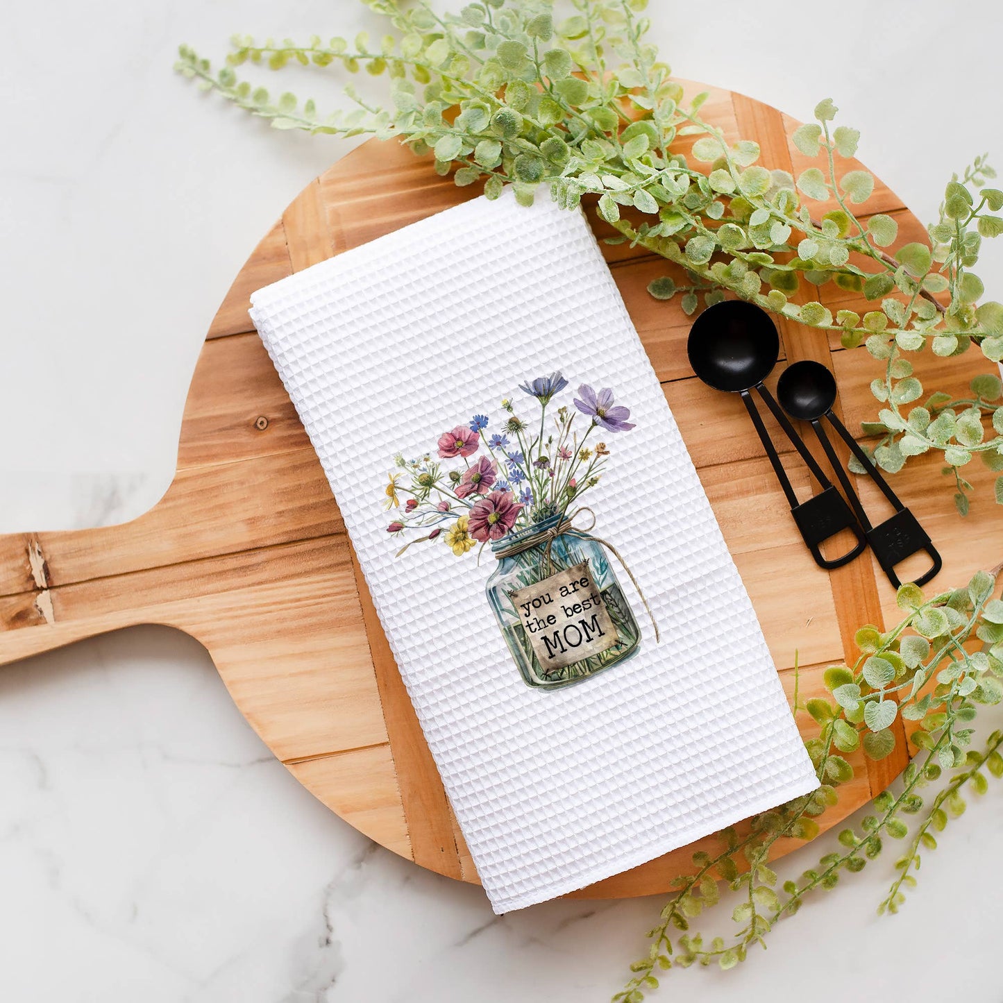 Best Mom Ever Bouquet Kitchen Towel, Mother's Day Dish Towel: Transparent Cellophane Sleeve
