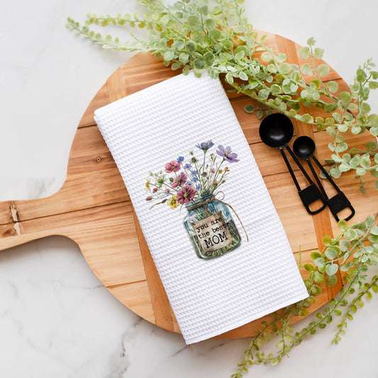 Best Mom Ever Bouquet Kitchen Towel, Mother's Day Dish Towel: Transparent Cellophane Sleeve