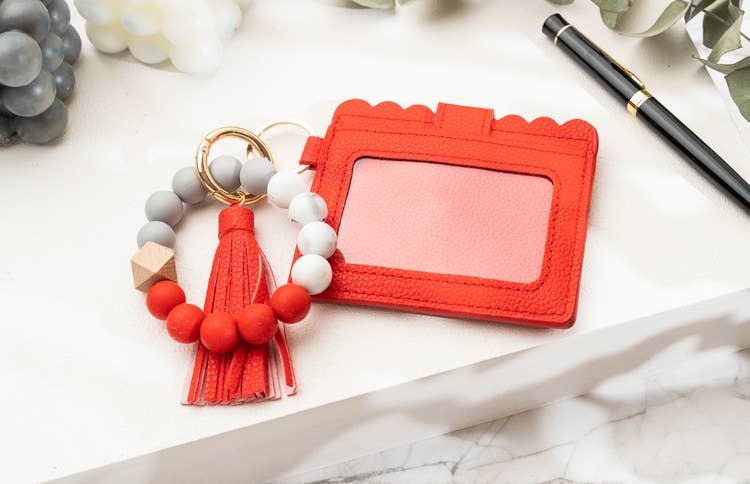 Leather Keychain Wallet With Wristlet Bangle Bracelet: Red