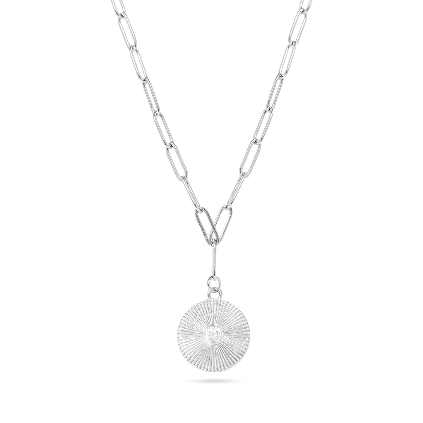 18K Gold PVD Stainless Steel Sunburst Medallion CZ Paperclip Necklace / CHN9967: Gold