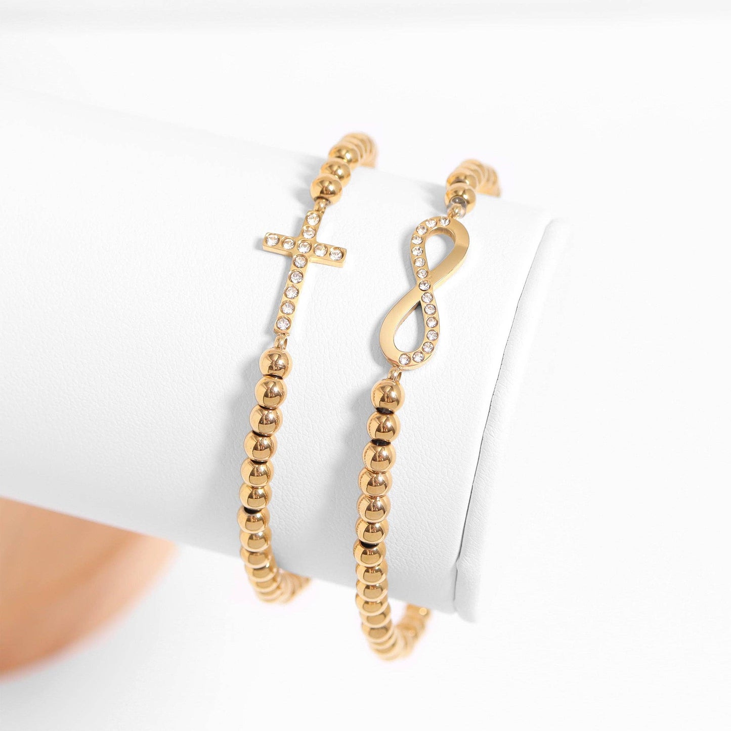 18K Gold PVD CZ Cross Beaded Stretch Bracelet: Gold