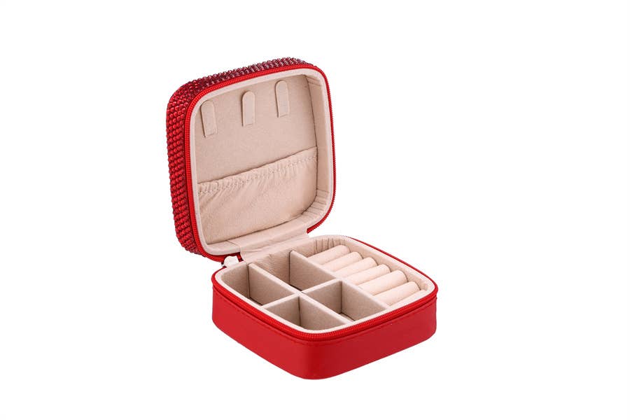 Ladies Rhinestone Multi Compartment Jewelry Box: Pink