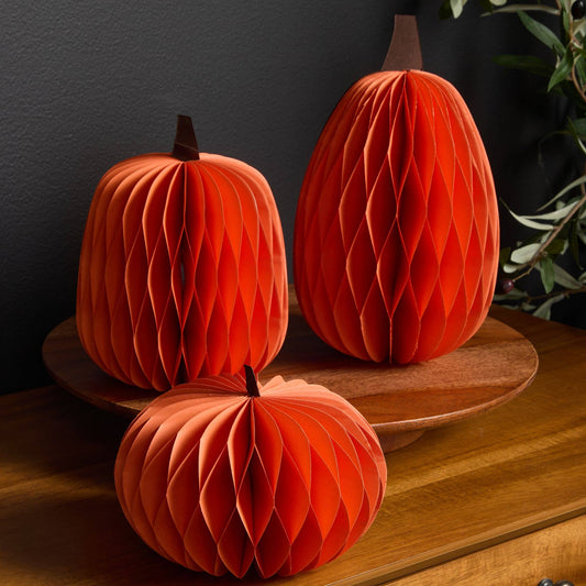 Honeycomb Pumpkin Autumn Shelf Sitter, Halloween Table, Cat: Set 3 pumpkins