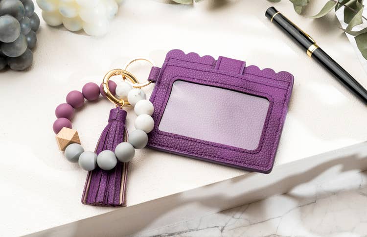 Leather Keychain Wallet With Wristlet Bangle Bracelet: Pink