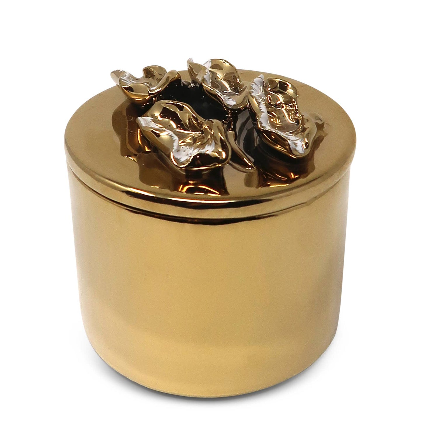Round Gold Decorative Box With Flower Design Lid: Center Flower