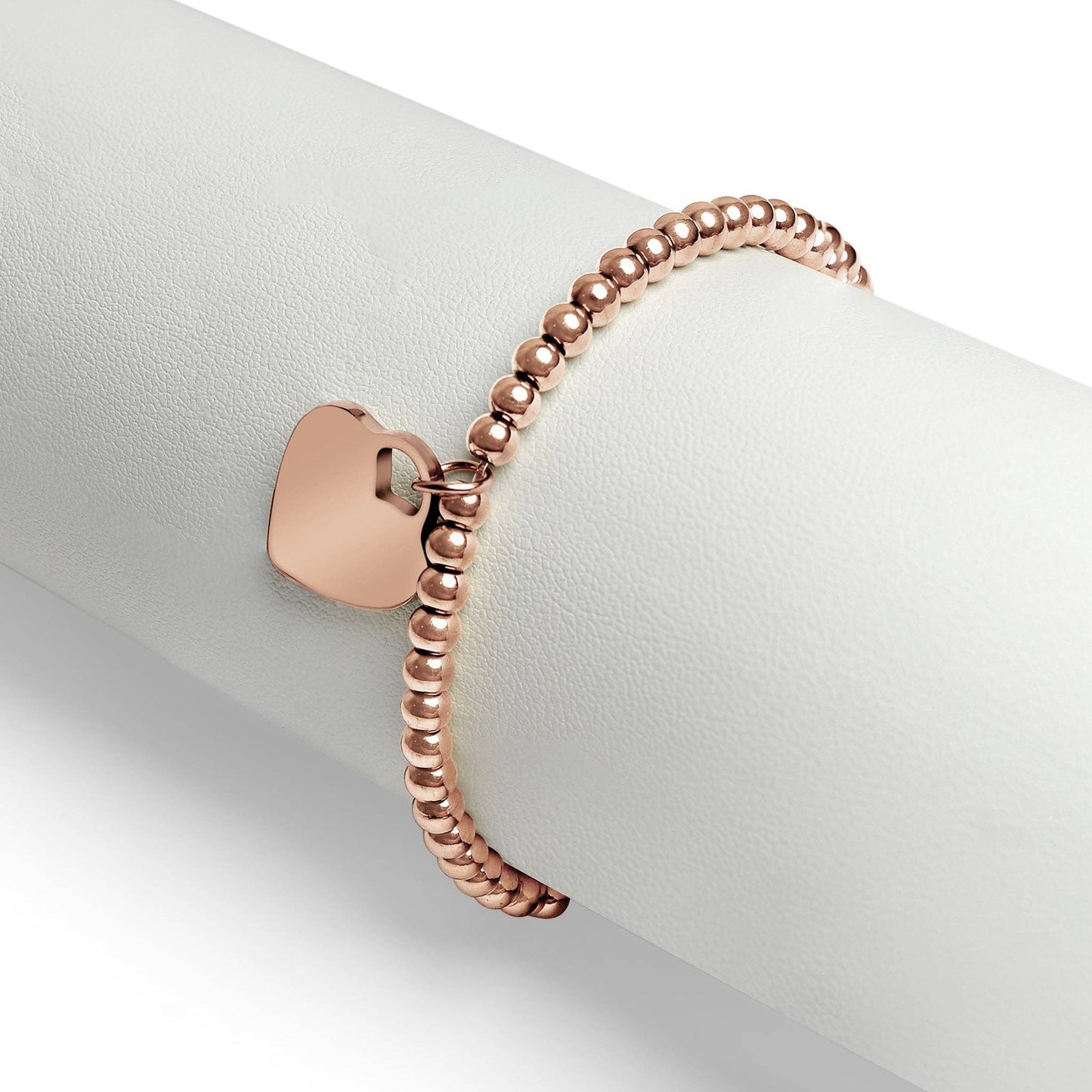 18K PVD Coated Stainless Steel Heart And Bead Stretch Bracelet: Gold