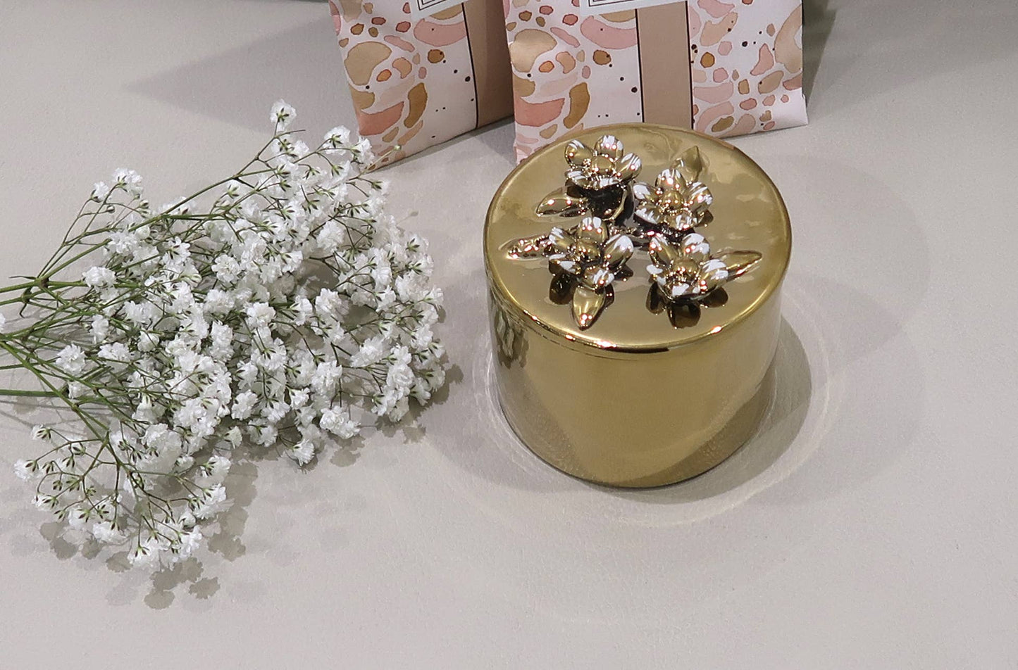 Round Gold Decorative Box With Flower Design Lid: Center Flower