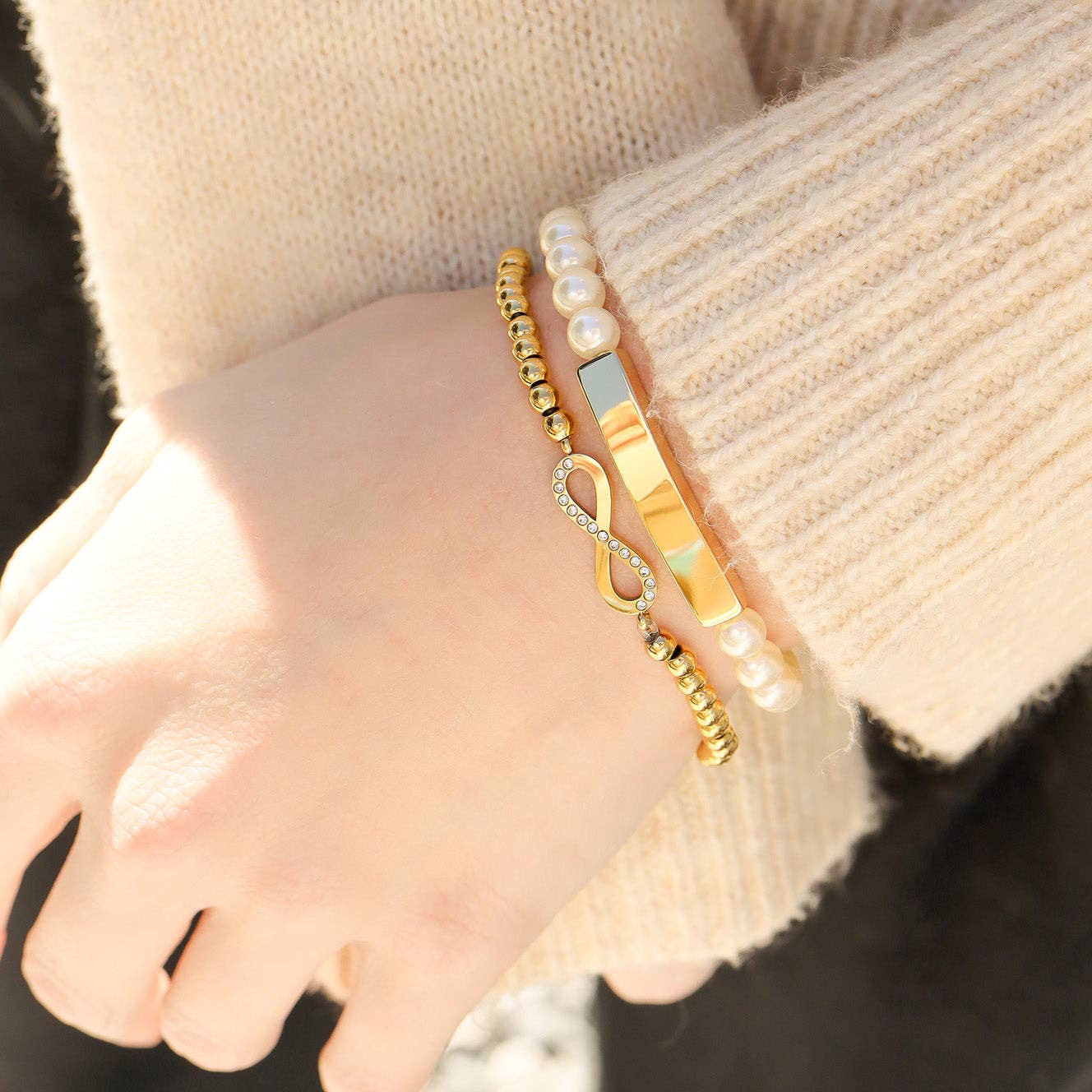 18K Gold PVD Stainless Steel Stone Infinity Sign Metal Beaded Stretch Bracelet: Gold