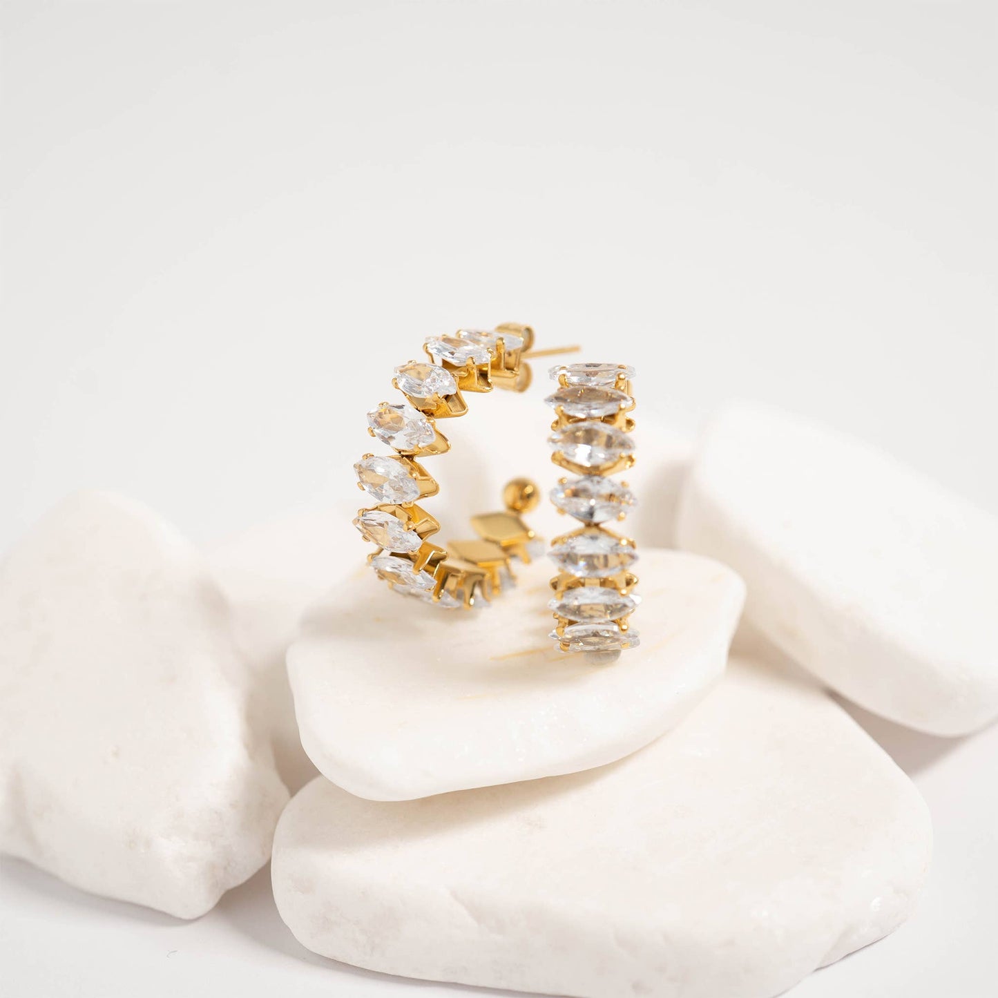 18K Gold PVD Stainless Steel Marquis CZ Stone Hoop Earrings: Gold