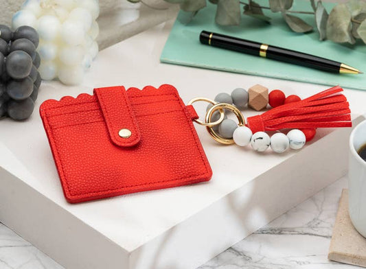 Leather Keychain Wallet With Wristlet Bangle Bracelet: Red