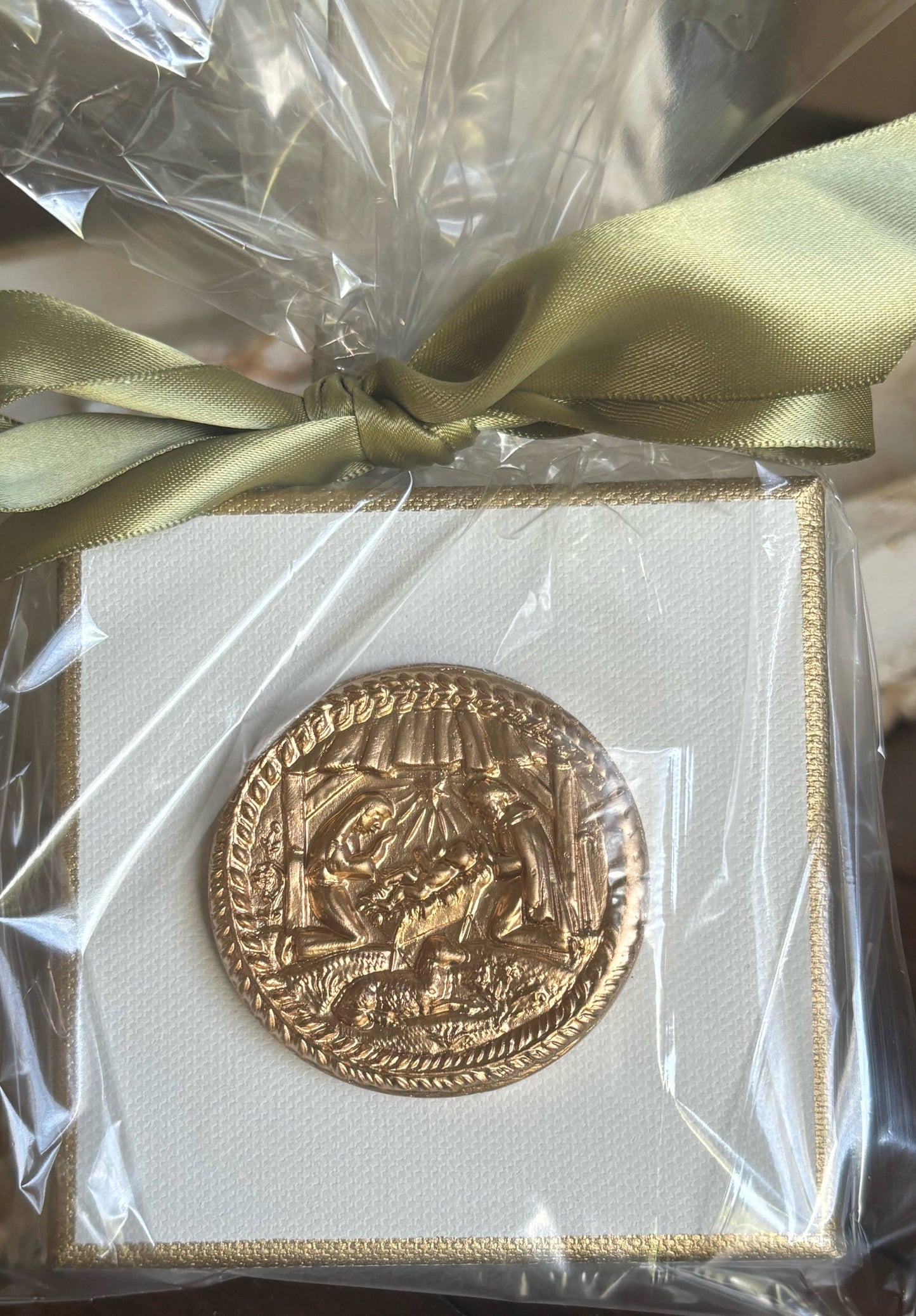 Hand Brushed Gold Leaf Nativity Canvas Art: Package in Cello Bag with Ribbon