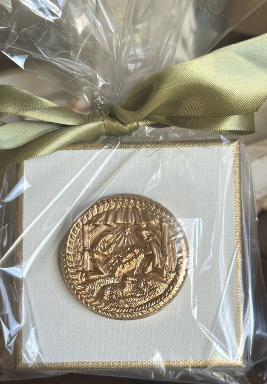 Hand Brushed Gold Leaf Nativity Canvas Art: Package in Cello Bag with Ribbon