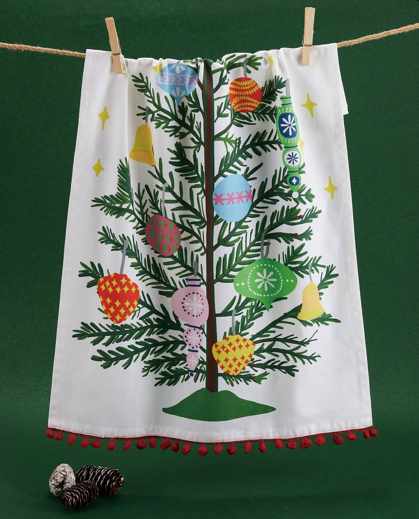 Vintage Christmas Tree W/Pom Pom  Printed Towel