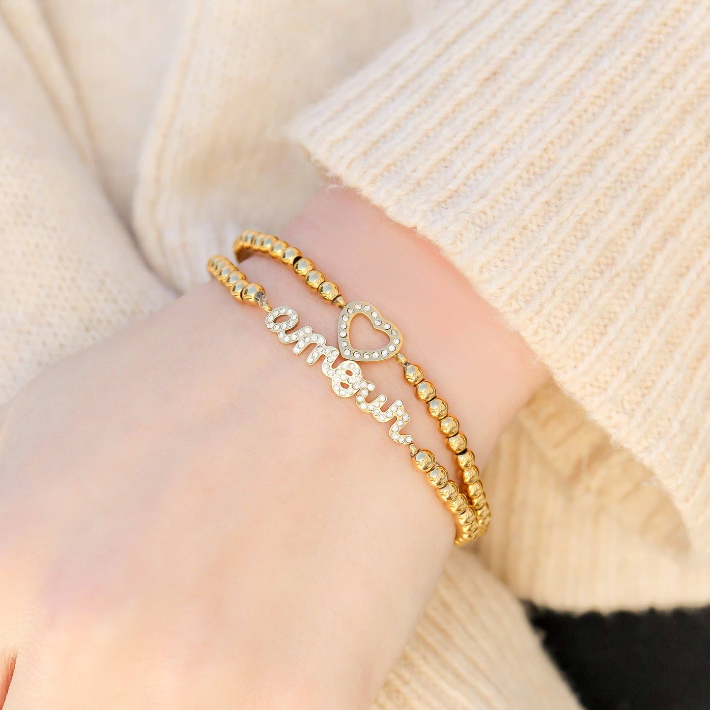 18K Gold PVD Stainless Steel Stone Heart Metal Beaded Stretch Bracelet: Stainless