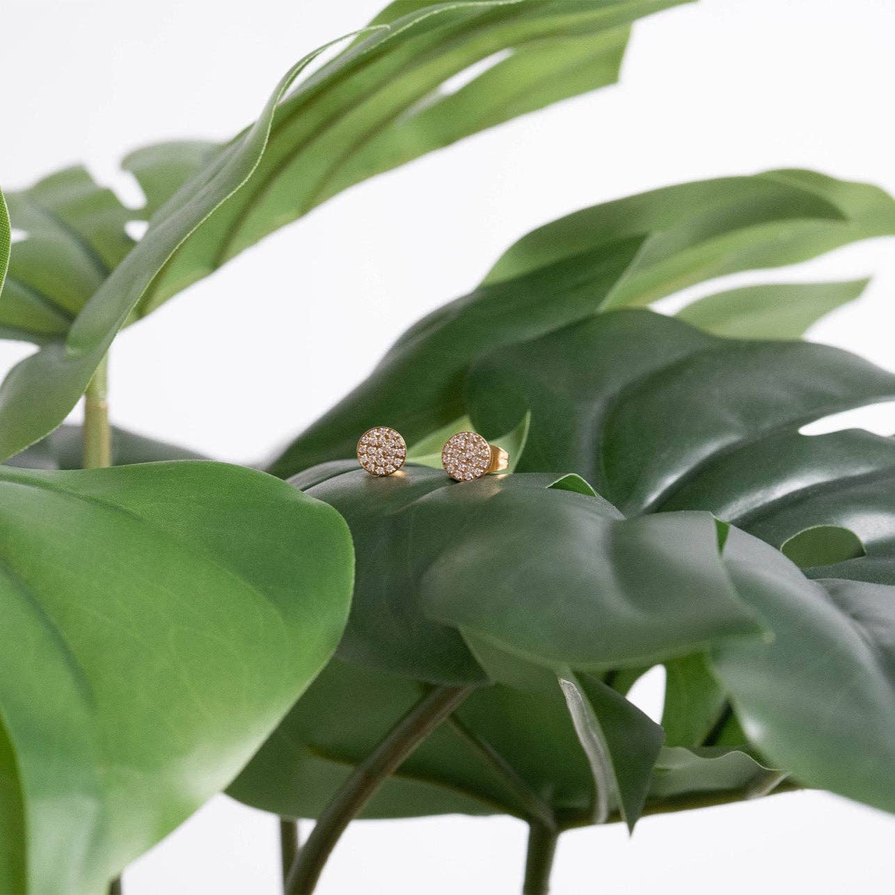 18K Gold PVD Stainless Steel Pave Stone Round Stud Earrings: Gold