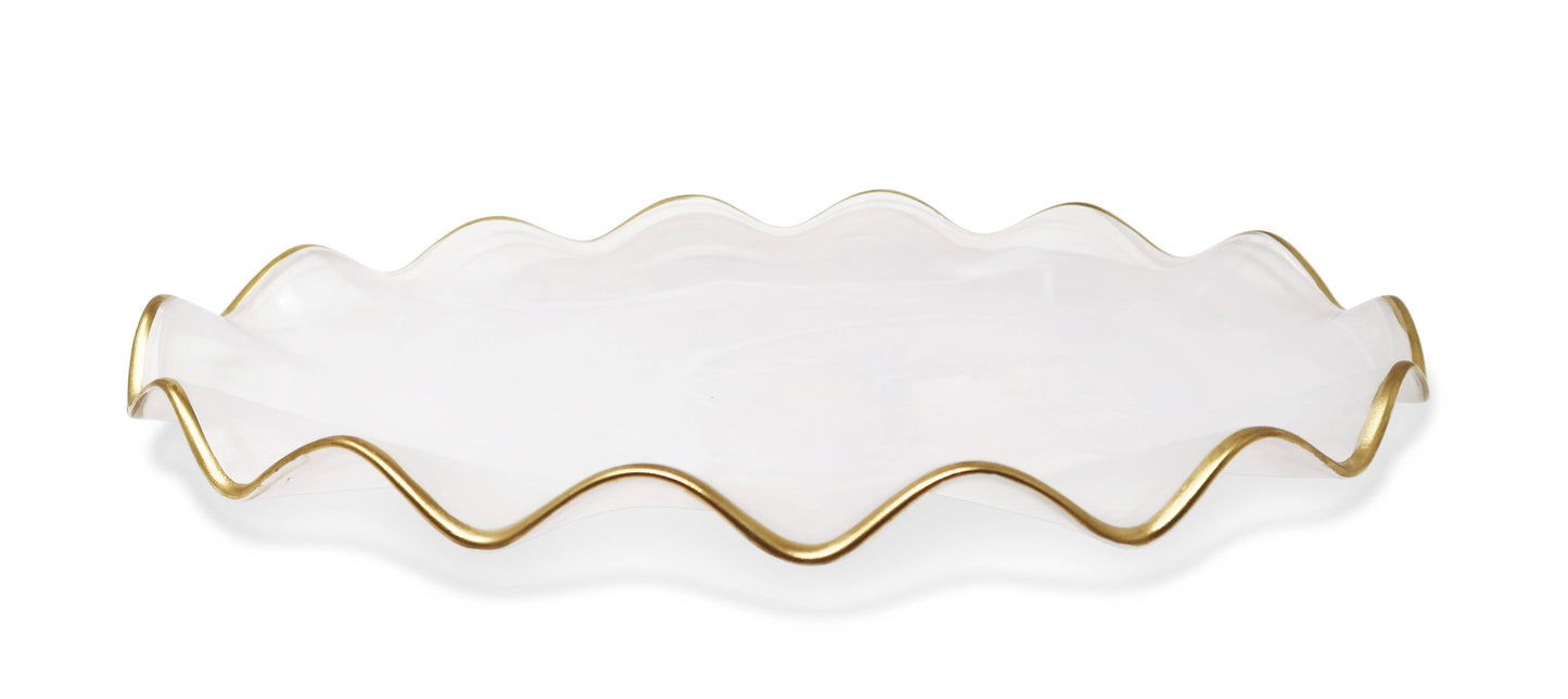 White Alabaster Oval Tray With Gold Ruffled Border (2 Sizes): Medium