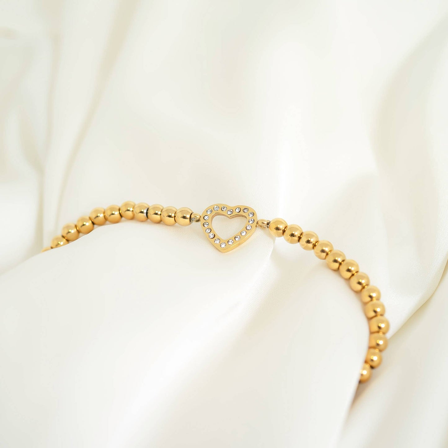 18K Gold PVD Stainless Steel Stone Heart Metal Beaded Stretch Bracelet: Stainless