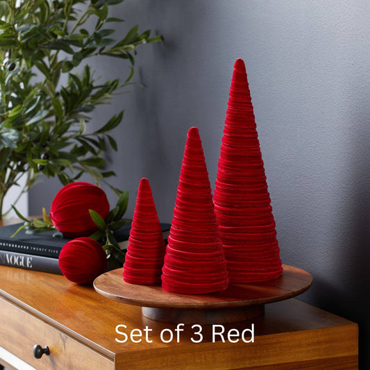 Cones Velvet Set of 3 Holiday Tabletop, Mantel Tree Decor: Red
