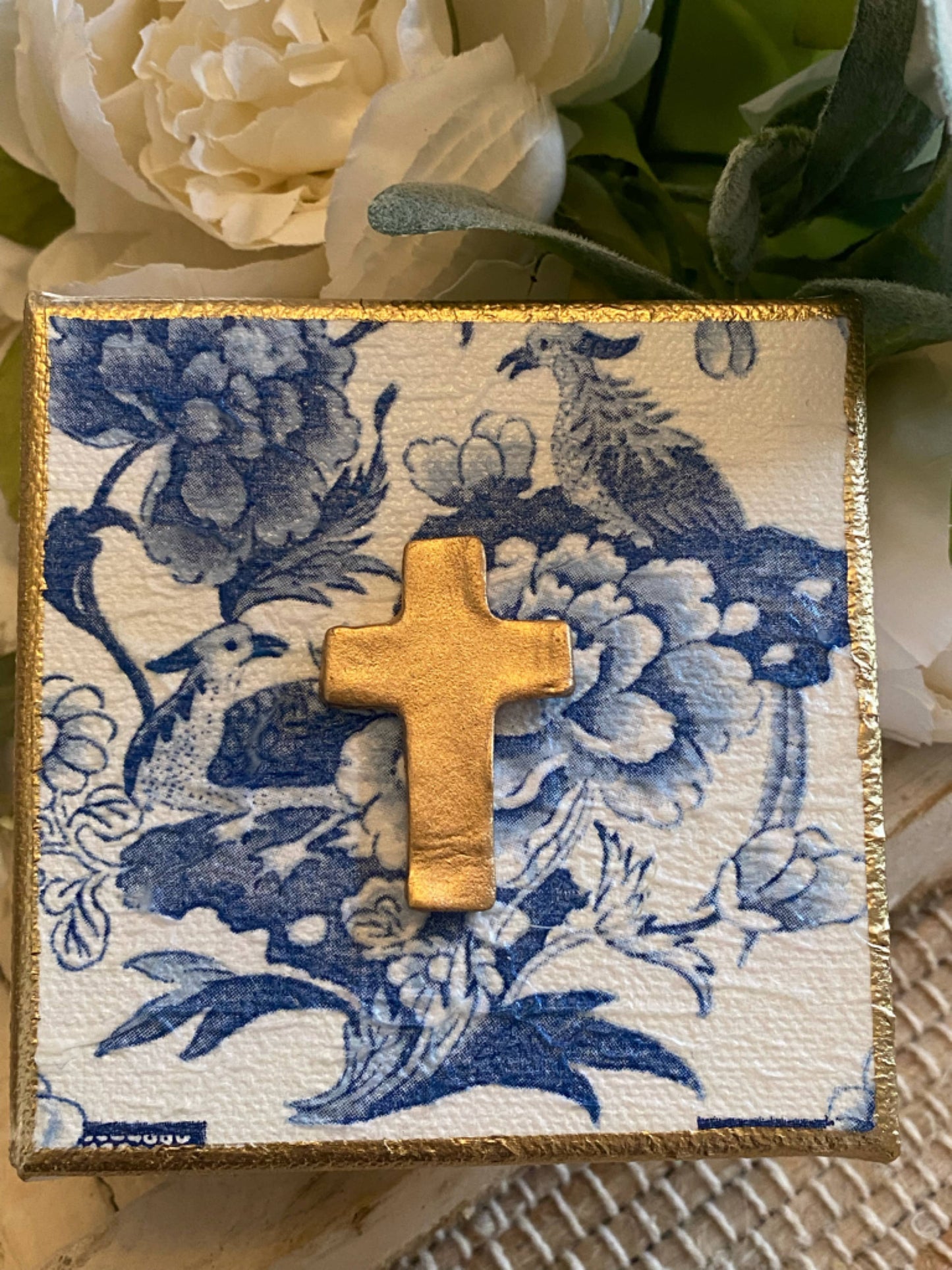 Chinoiserie Gold Gilded Cross Canvas Art: Package in Cello Bag with Ribbon