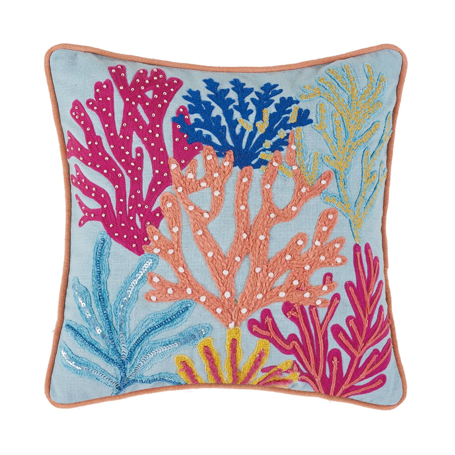 Tropical Coral Embroidered Pillow