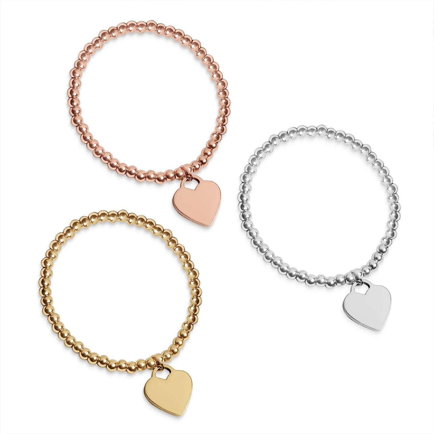 18K PVD Coated Stainless Steel Heart And Bead Stretch Bracelet: Stainless Steel