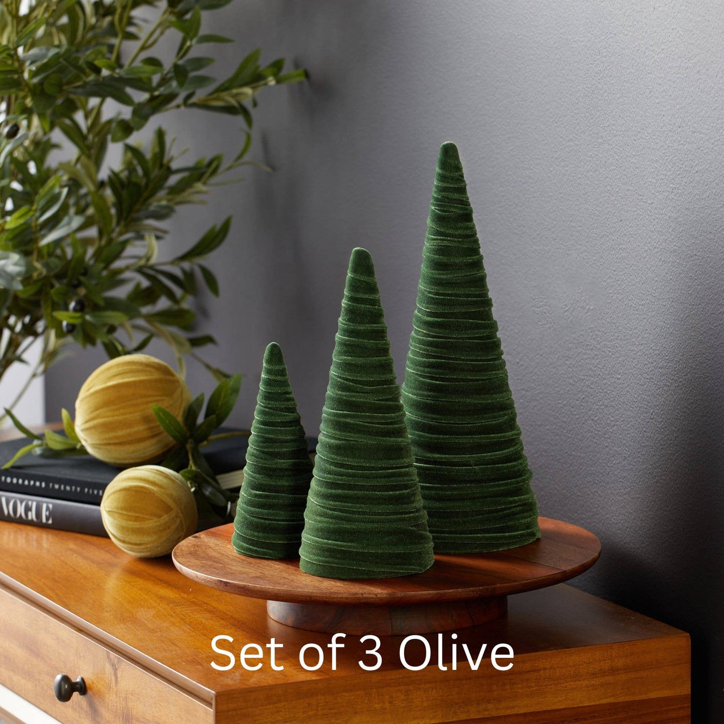 Cones Velvet Set of 3 Holiday Tabletop, Mantel Tree Decor: Gold