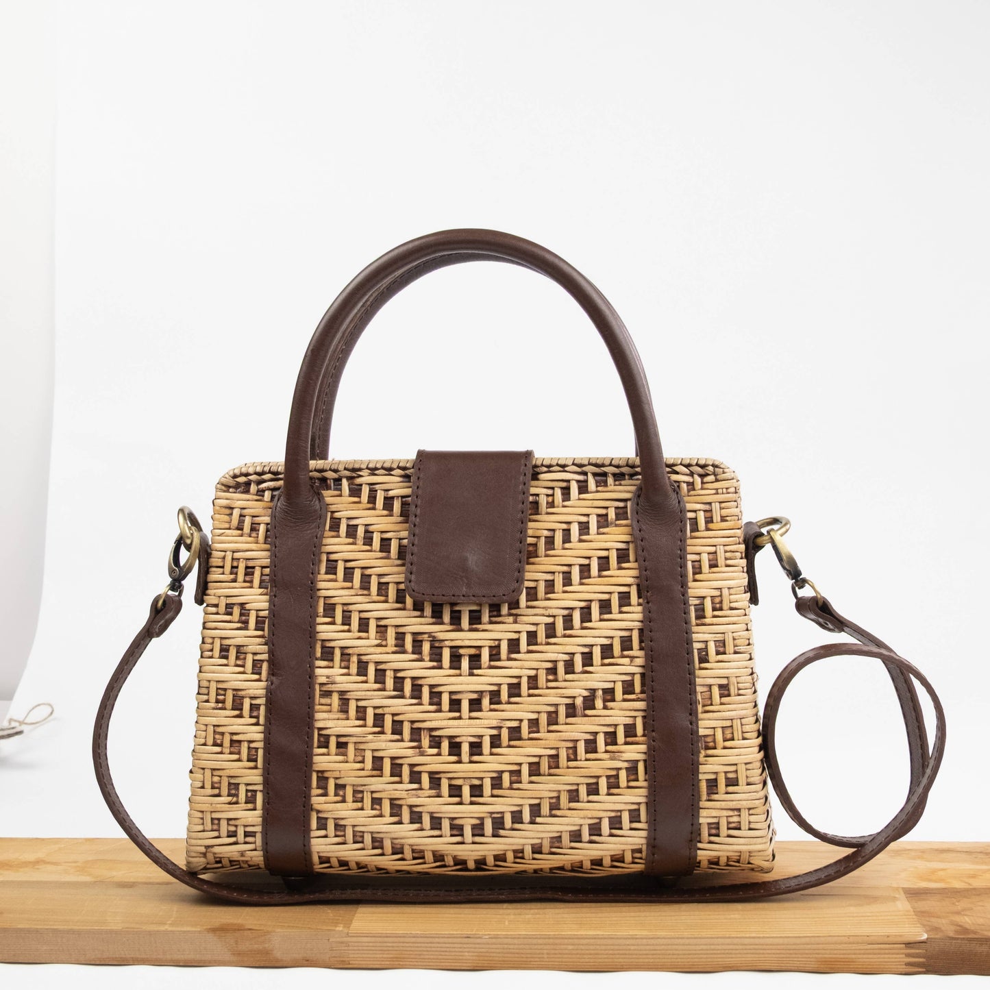 NEW Medium Rattan Handbag with Leather Trim