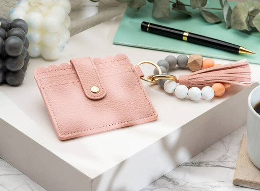 Leather Keychain Wallet With Wristlet Bangle Bracelet: Rose gold