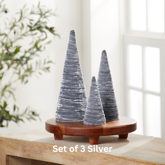 Cones Velvet Set of 3 Holiday Tabletop, Mantel Tree Decor: Silver