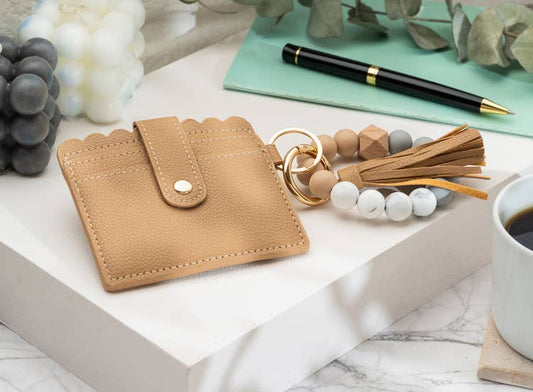 Leather Keychain Wallet With Wristlet Bangle Bracelet: Caramel