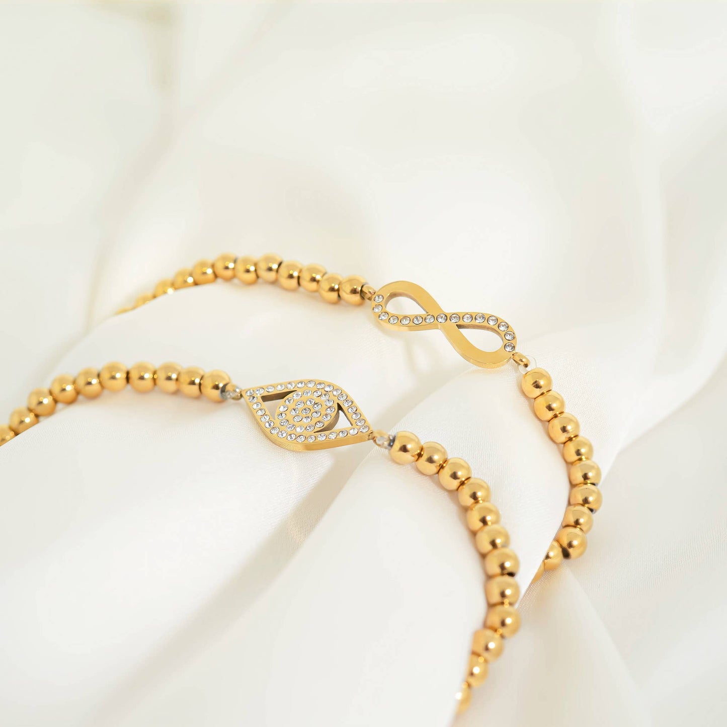 18K Gold PVD Stainless Steel Stone Infinity Sign Metal Beaded Stretch Bracelet: Gold