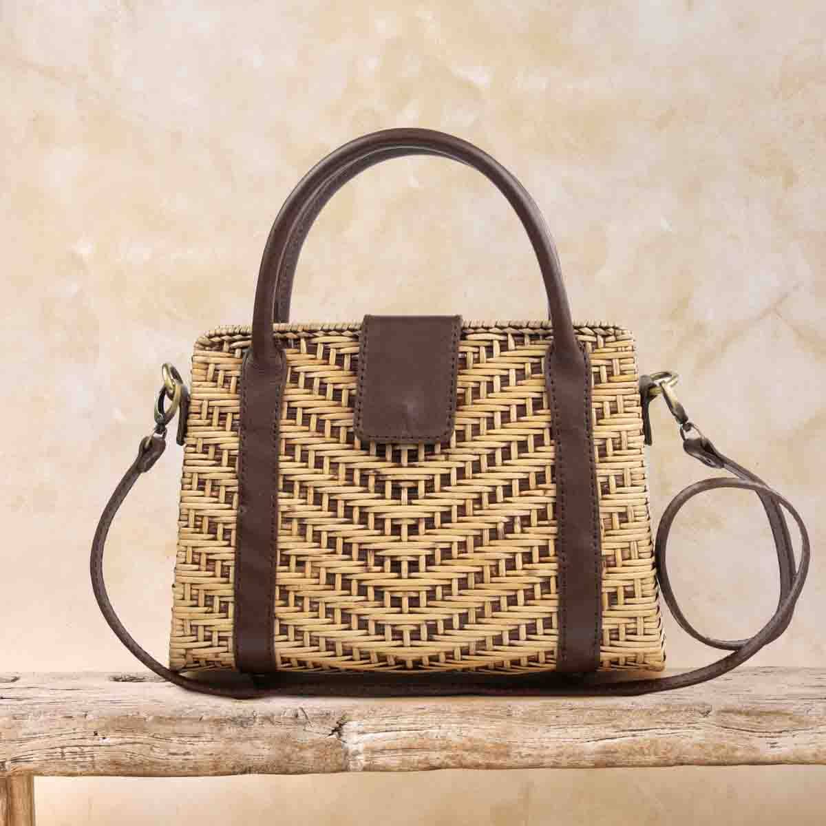 NEW Medium Rattan Handbag with Leather Trim