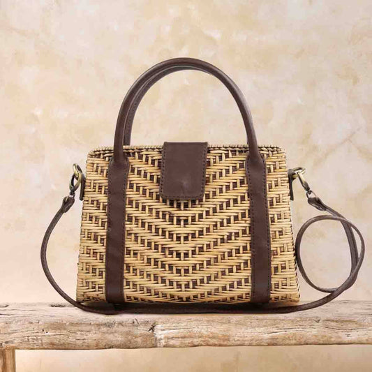 NEW Medium Rattan Handbag with Leather Trim